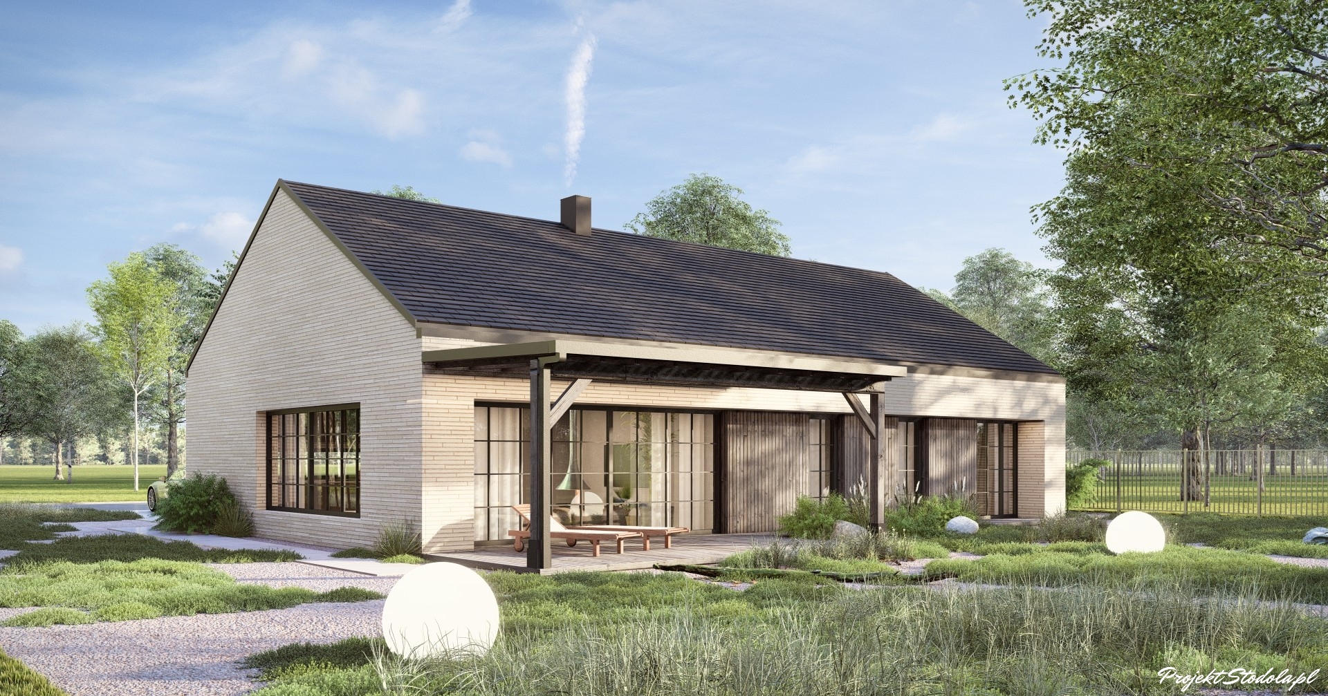 Projekt Stodoła Wood Econo_wersja podstawowa_perspektywa elewacji bocznej 1 dom szkieletowy