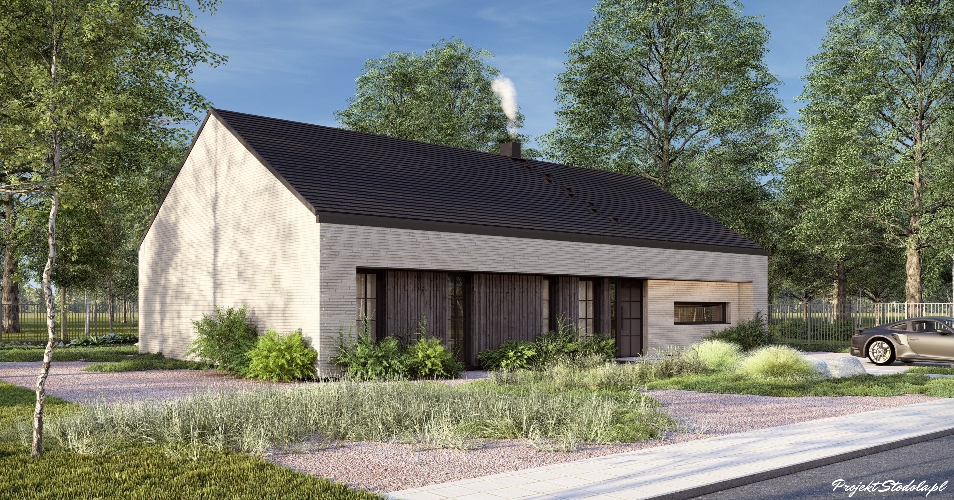 Projekt Stodoła Wood Econo_wersja podstawowa_perspektywa elewacji bocznej 2 dom szkieletowy