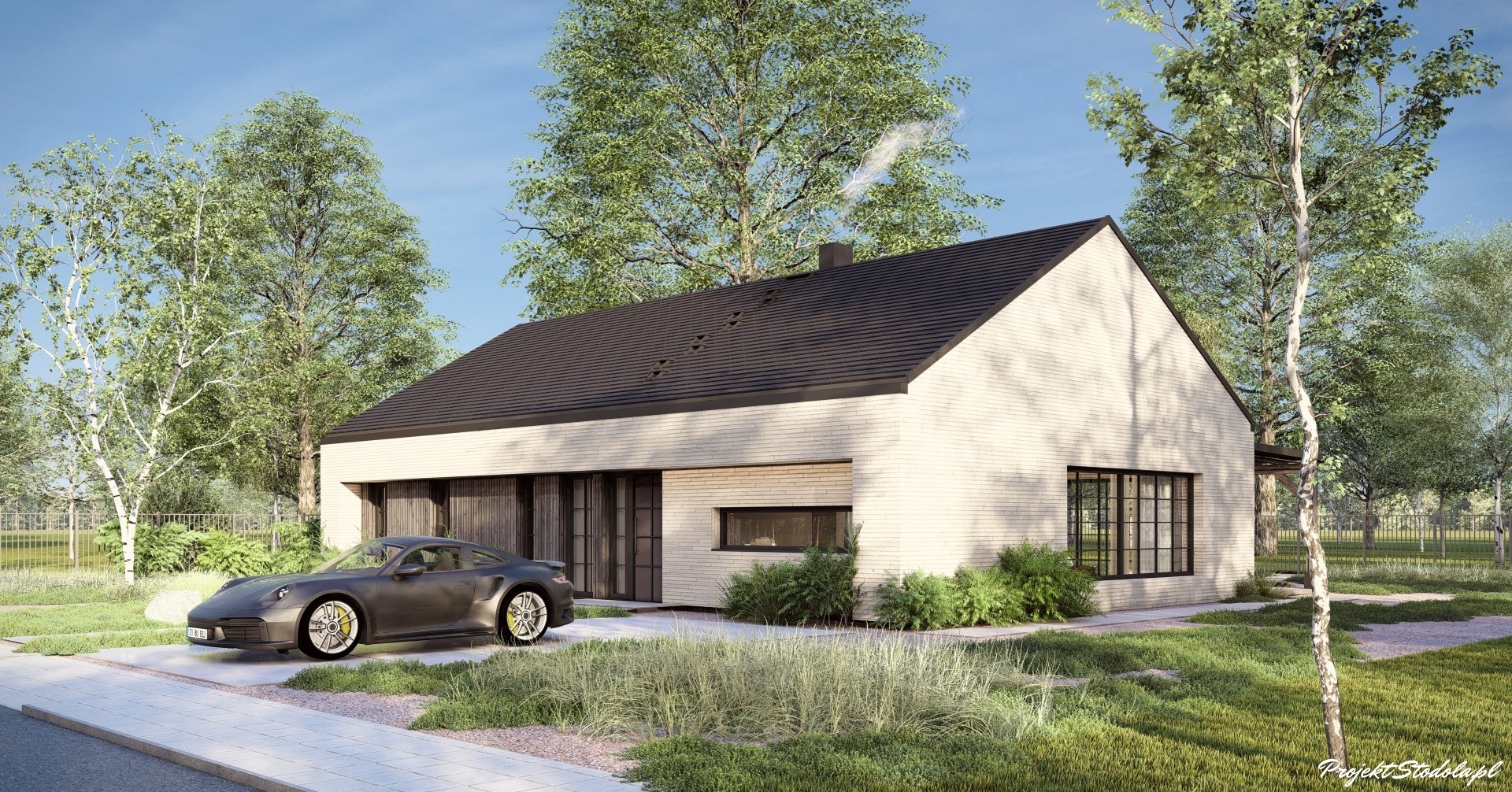 Projekt Stodoła Wood Econo_wersja podstawowa_perspektywa elewacji frontowej